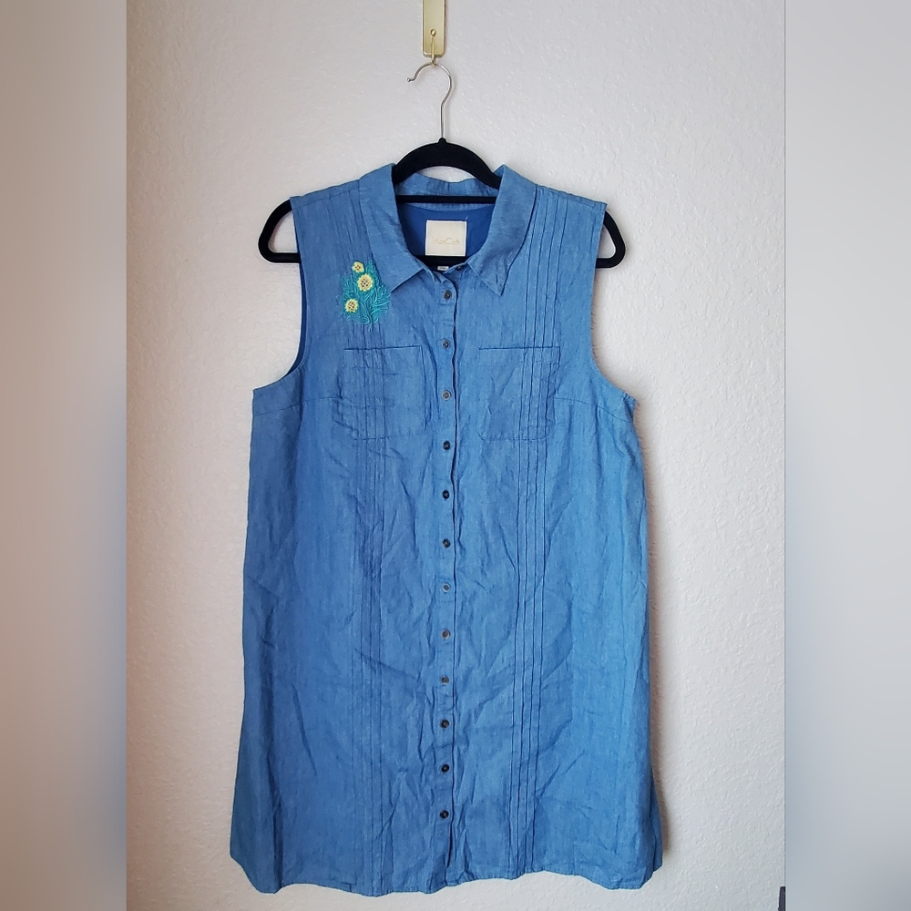 ModCloth | Chambray Denim Mini Shift Dress with Sunflower Embroidery | Size XL